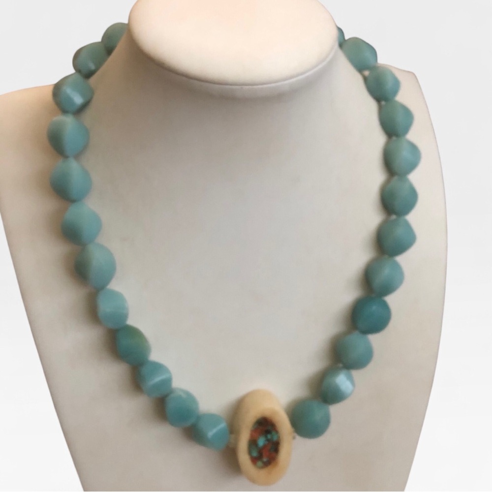 Vintage Balboa Sea Glass Colored Faux Ivory Mosaic Center Necklace